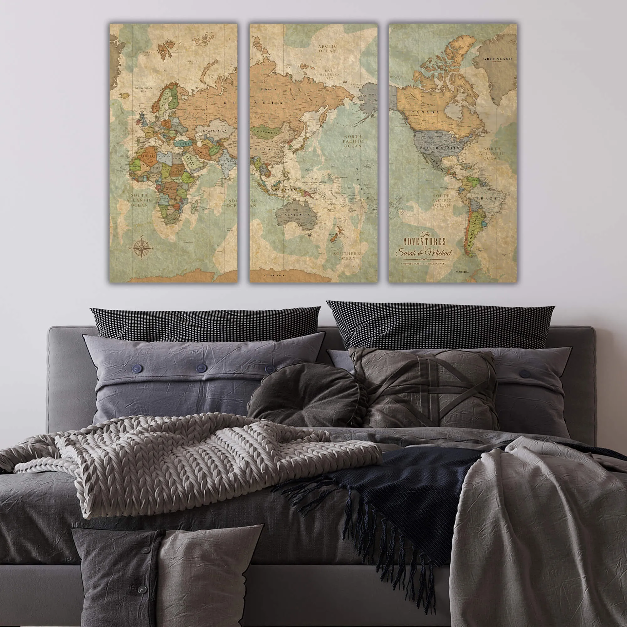 Pacific Centered Push Pin Travel Map - 3 Panel