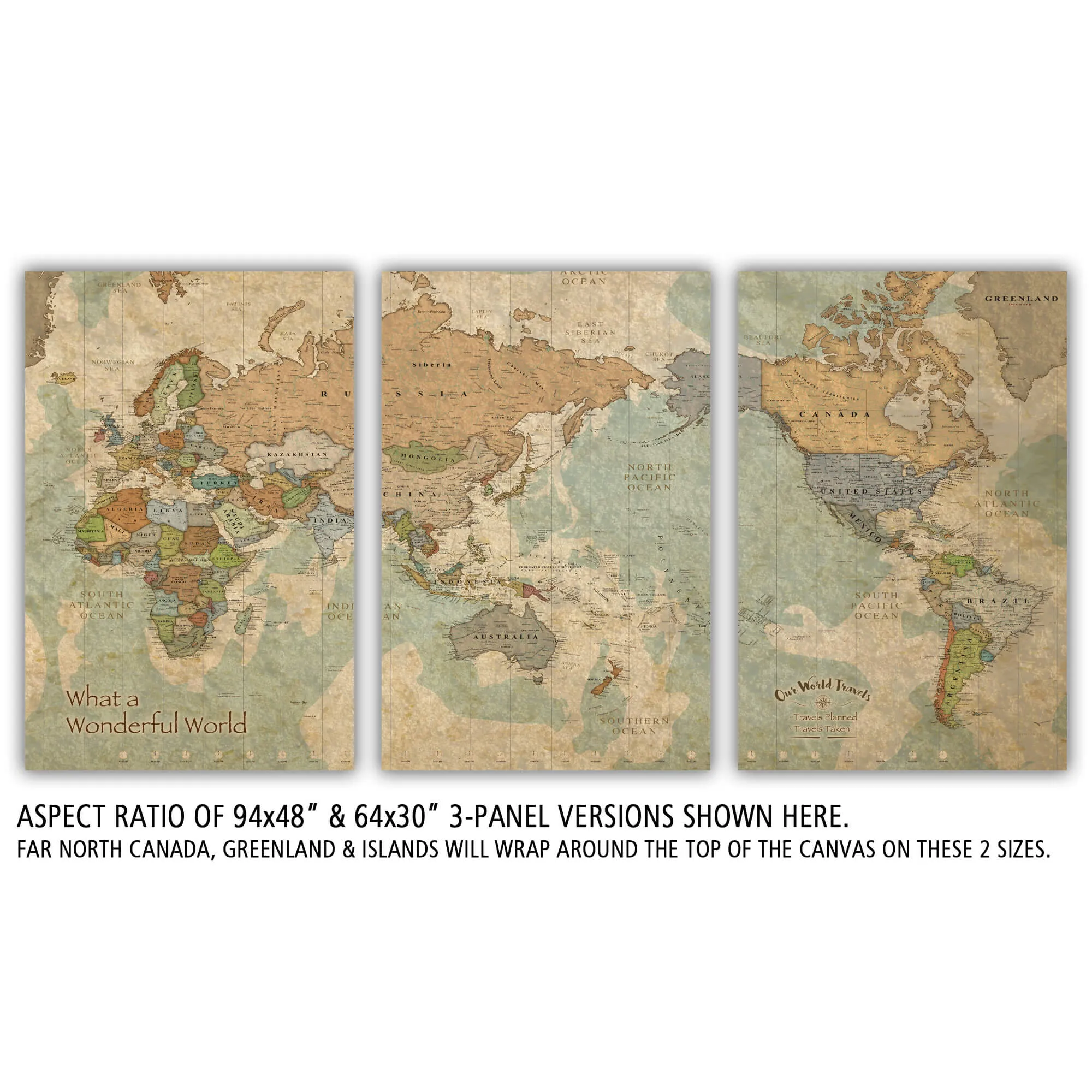 Pacific Centered Push Pin Travel Map - 3 Panel