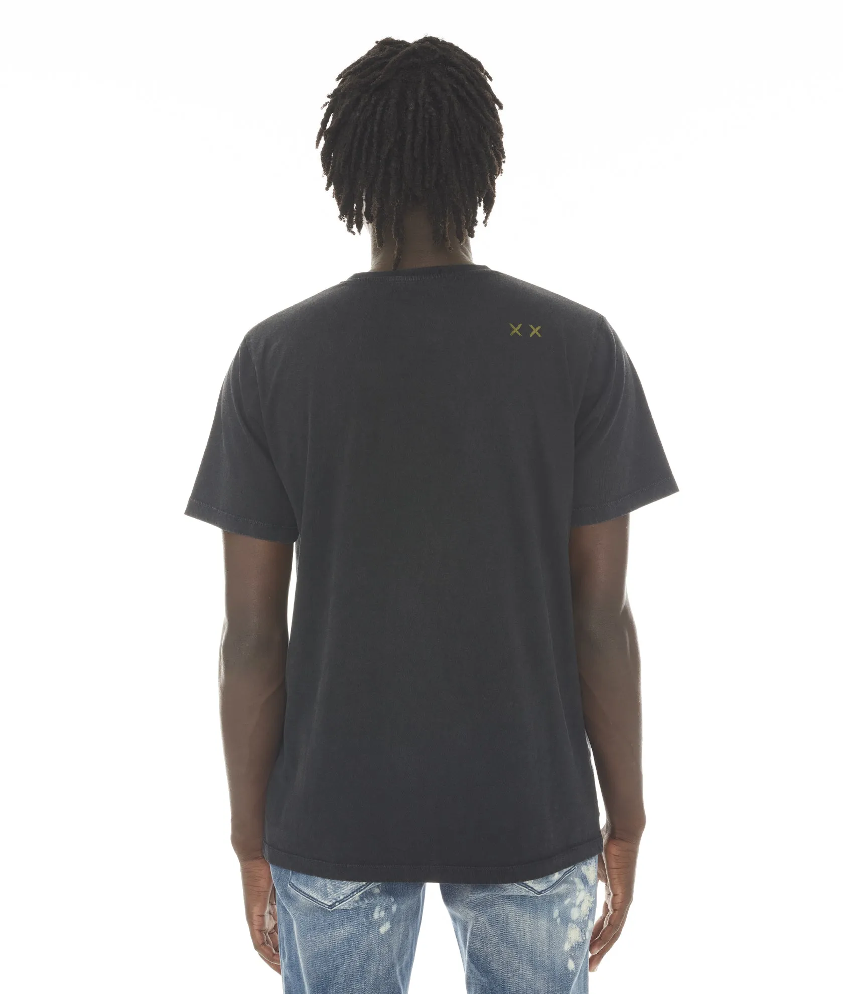 SHORT SLEEVE CREW NECK TEE "ROLLING STONED" IN BLACK/AC DC WASH