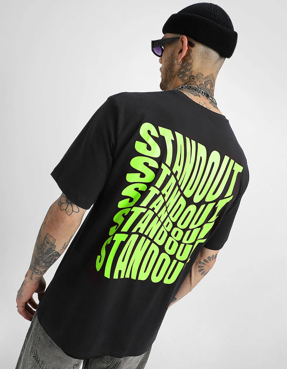 Stand Out Black Oversized Graphic Print T-Shirt with Bold Back Design