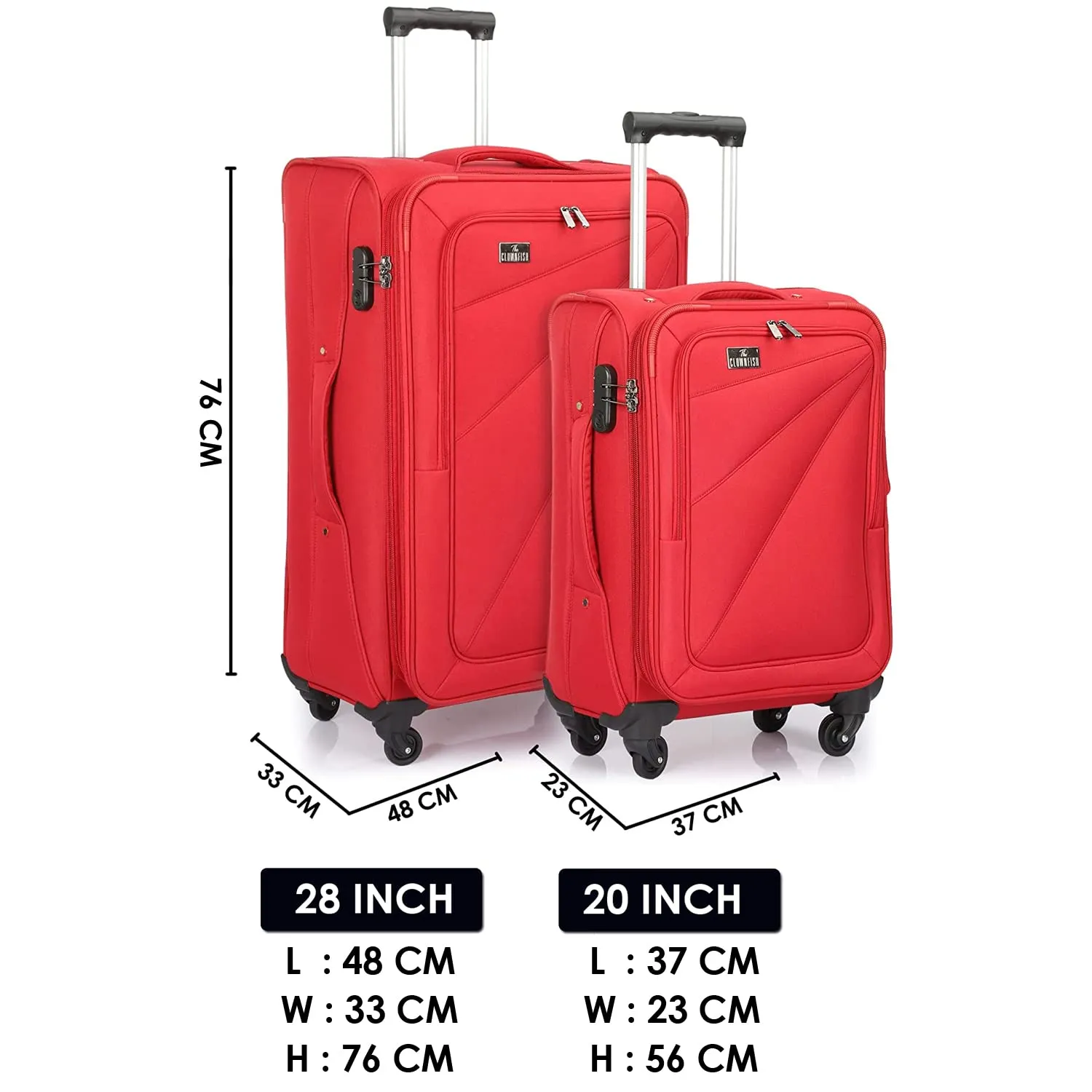 THE CLOWNFISH Combo of 2 Farren Series Luggage Polyester Softcase Suitcases Varied Sizes Four Wheel Trolley Bags - Red (76 cm, 56 cm)