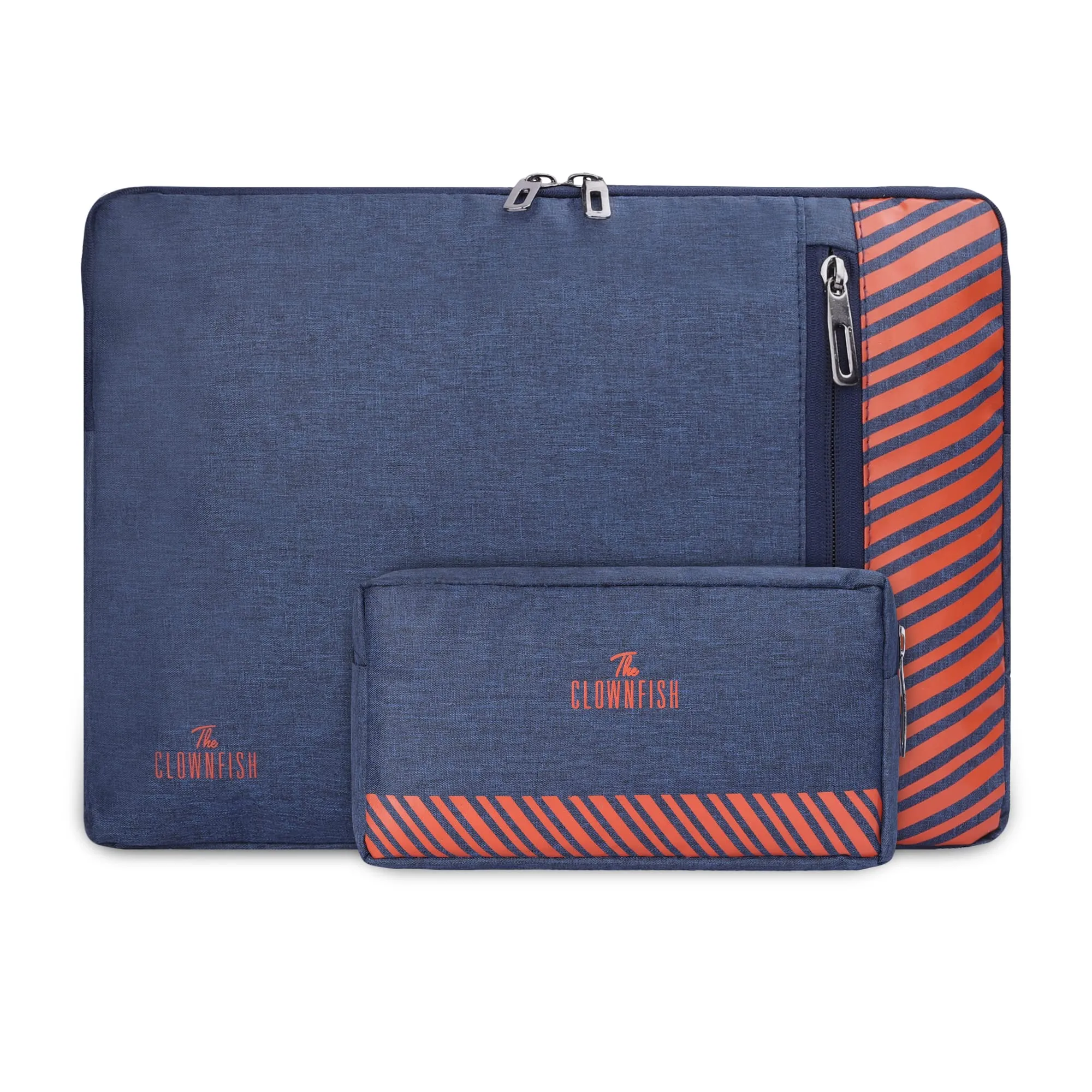 The Clownfish Combo of Algo Series Polyester 14 inch Laptop Sleeve & Scholar Series Multipurpose Polyester Travel Pouch Pencil Case Toiletry Bag (Blue)