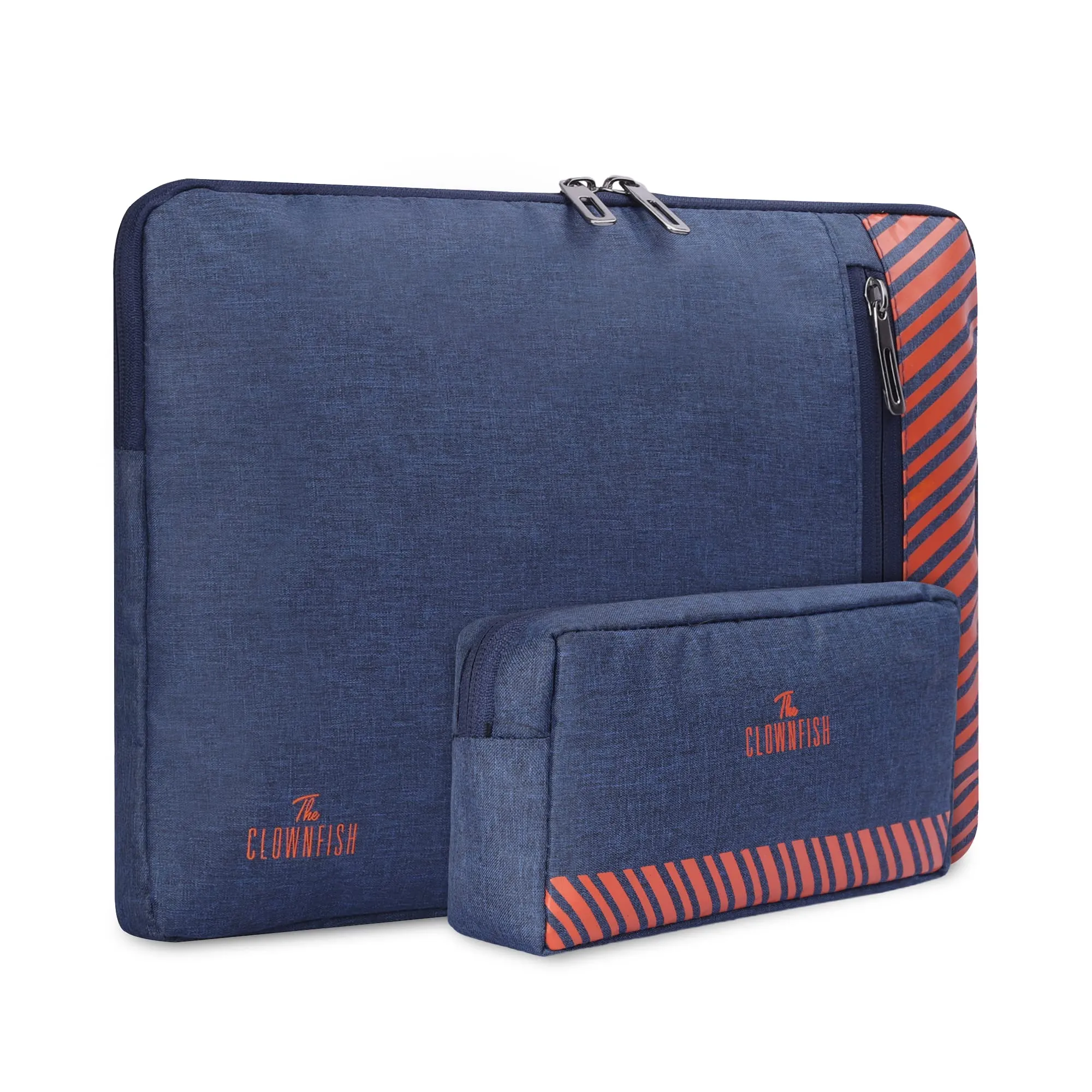 The Clownfish Combo of Algo Series Polyester 14 inch Laptop Sleeve & Scholar Series Multipurpose Polyester Travel Pouch Pencil Case Toiletry Bag (Blue)