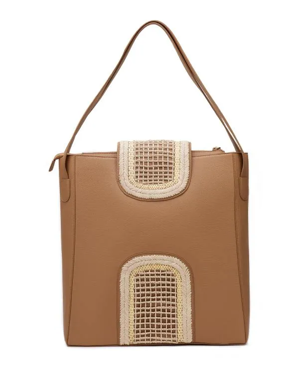 The Flappie Tote Leather : Tan (With Raffia Embroidery)