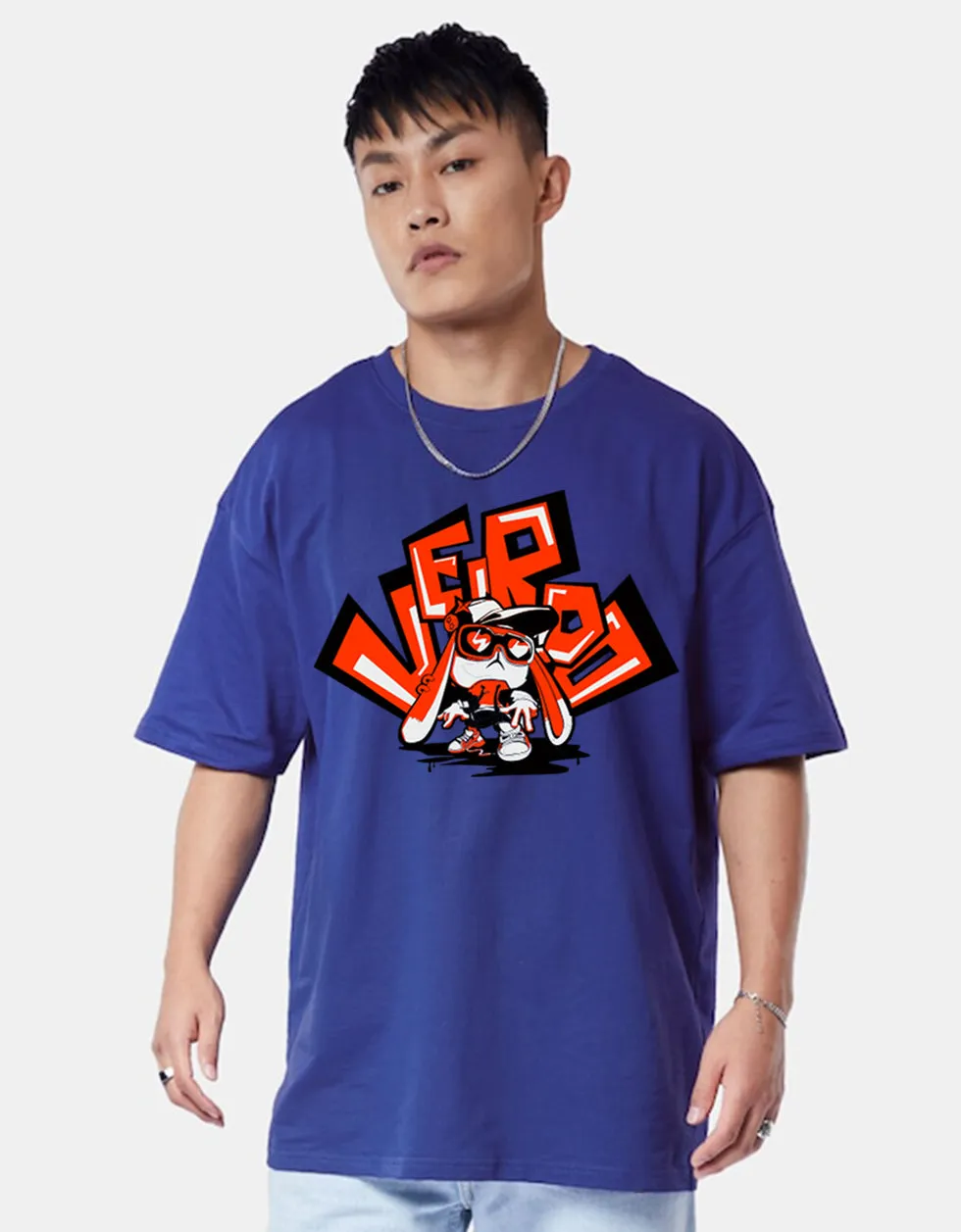 VEIRDO Blue Oversized Puff Printed Tshirt