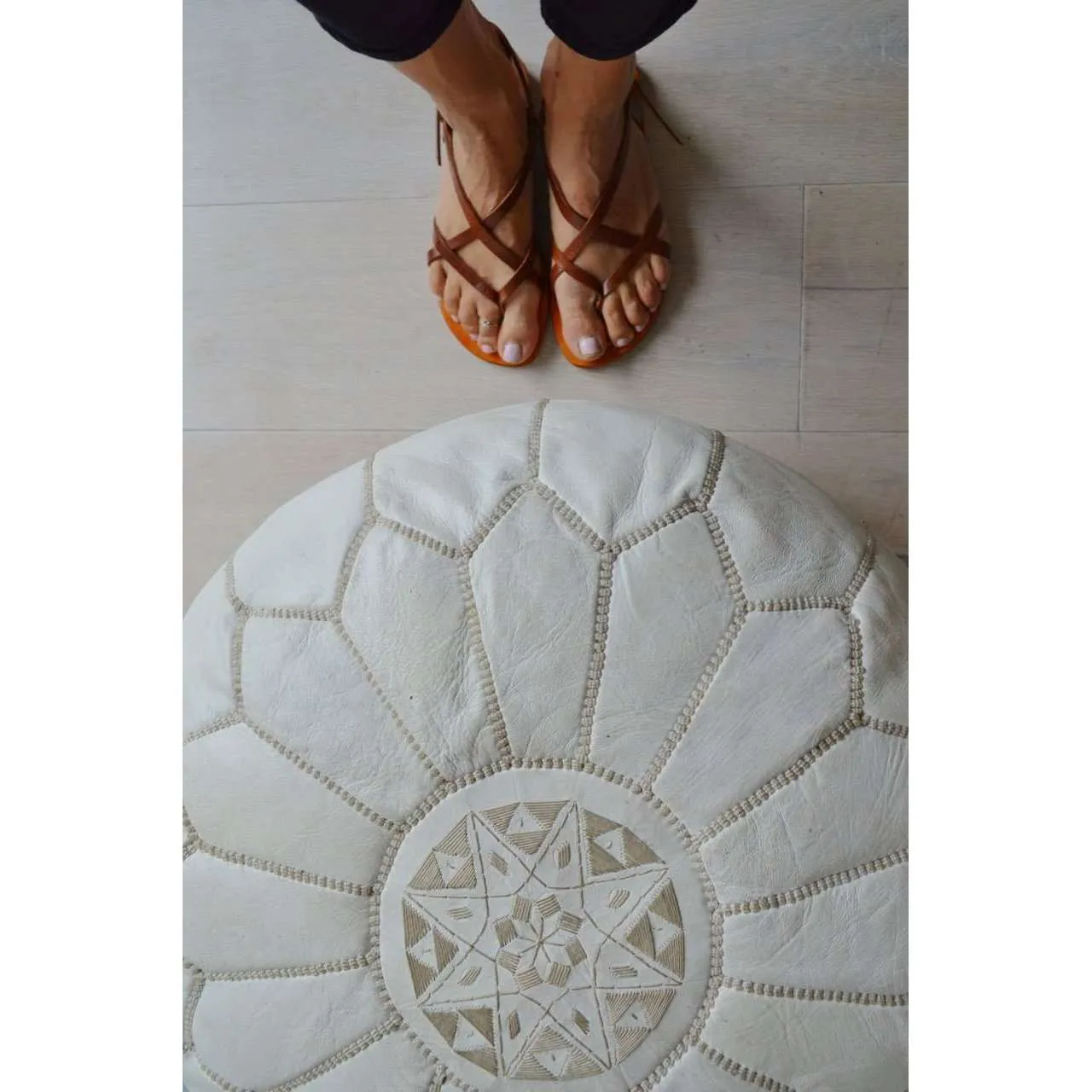 White Moroccan Leather Pouf