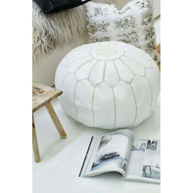 White Moroccan Leather Pouf