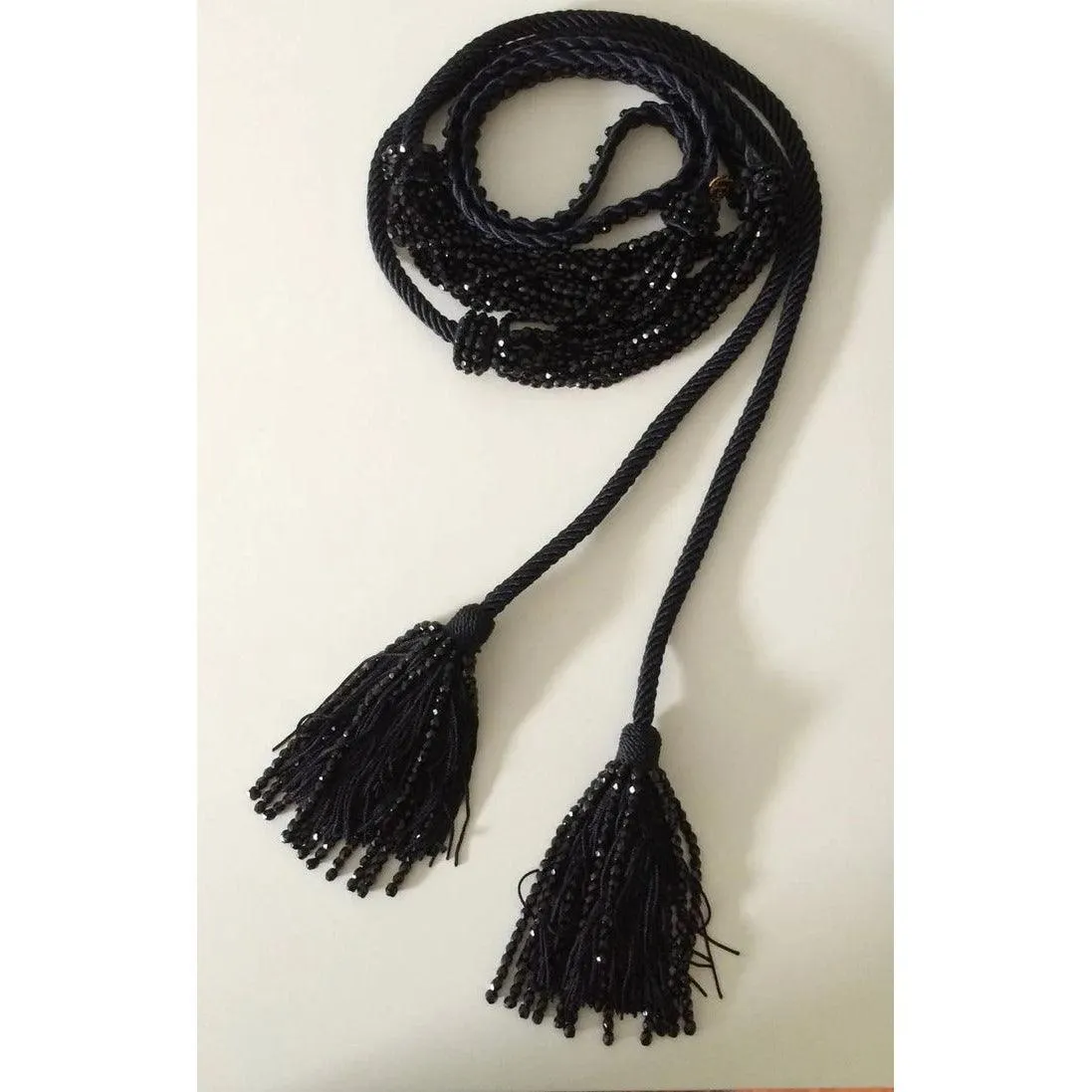 YVES SAINT LAURENT Black Beaded Rope and Tassel Necklace Belt