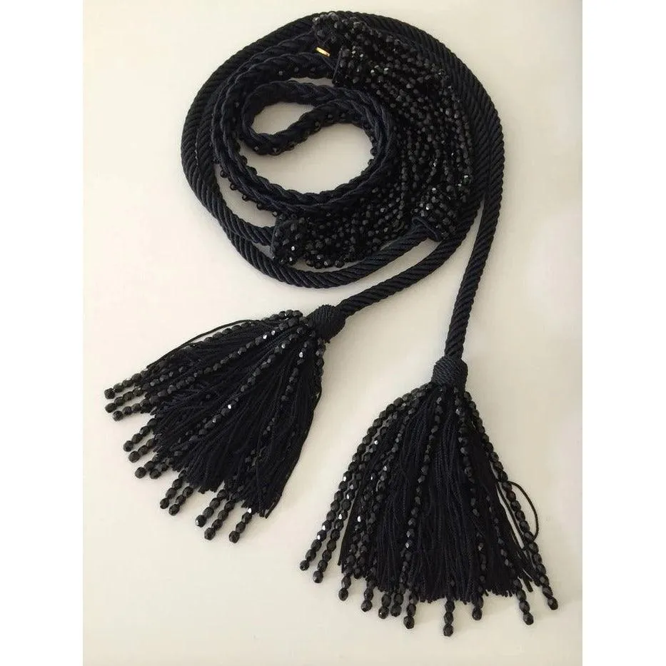 YVES SAINT LAURENT Black Beaded Rope and Tassel Necklace Belt